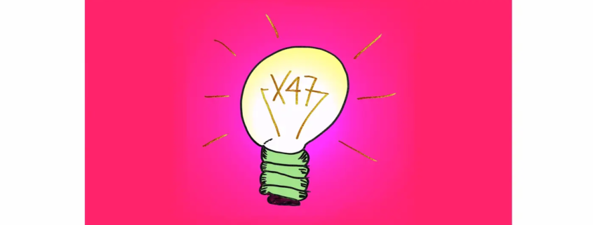 Eine stilisierte, leuchtende Glühbirne als Symbol für Innovation bei X47 vor einem kräftigen pinkfarbenen Hintergrund. Die Glühbirne ist handgezeichnet, hat einen grünen Sockel und zeigt im Inneren die goldfarbene Aufschrift "X47"