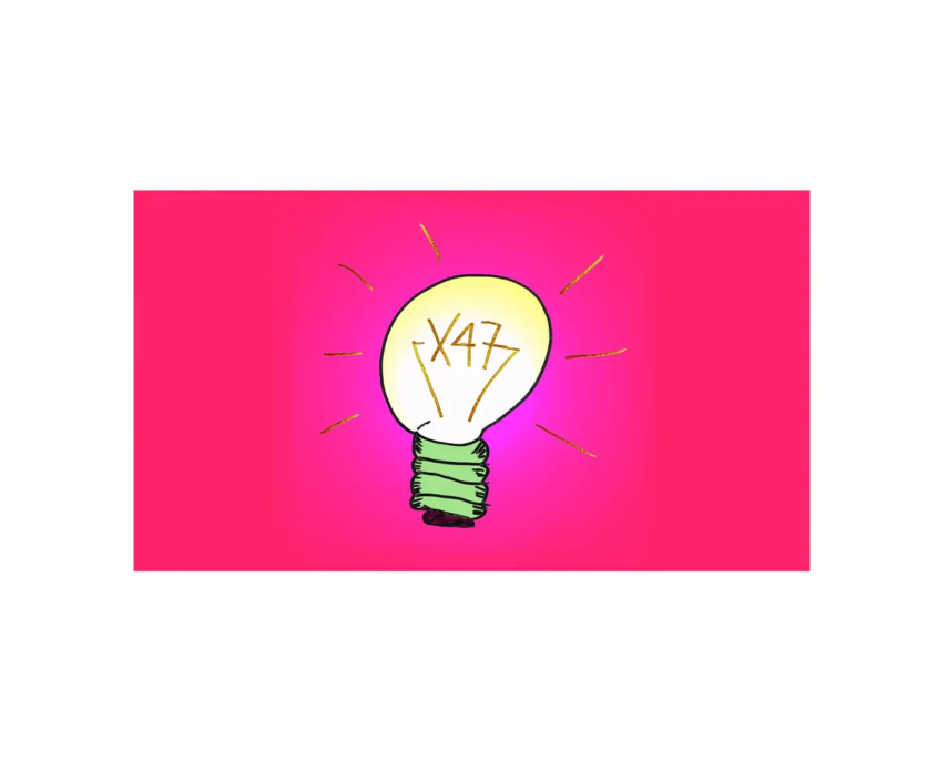 Eine stilisierte, leuchtende Glühbirne als Symbol für Innovation bei X47 vor einem kräftigen pinkfarbenen Hintergrund. Die Glühbirne ist handgezeichnet, hat einen grünen Sockel und zeigt im Inneren die goldfarbene Aufschrift "X47"