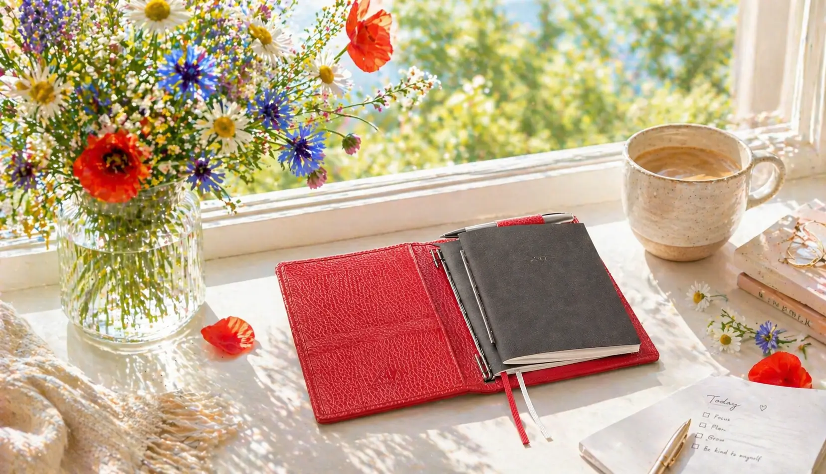 Ein offener Terminplaner für Frauen aus rotem Leder liegt auf einem sonnigen Fensterbrett neben einer Kaffeetasse und einem Blumenstrauß.