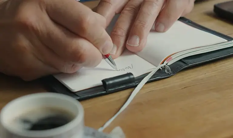 Nahaufnahme einer Person, die mit einem Kugelschreiber handschriftliche Notizen in ein kleines Notizbuch schreiben möchte, während eine Tasse Kaffee daneben auf dem Holztisch steht.